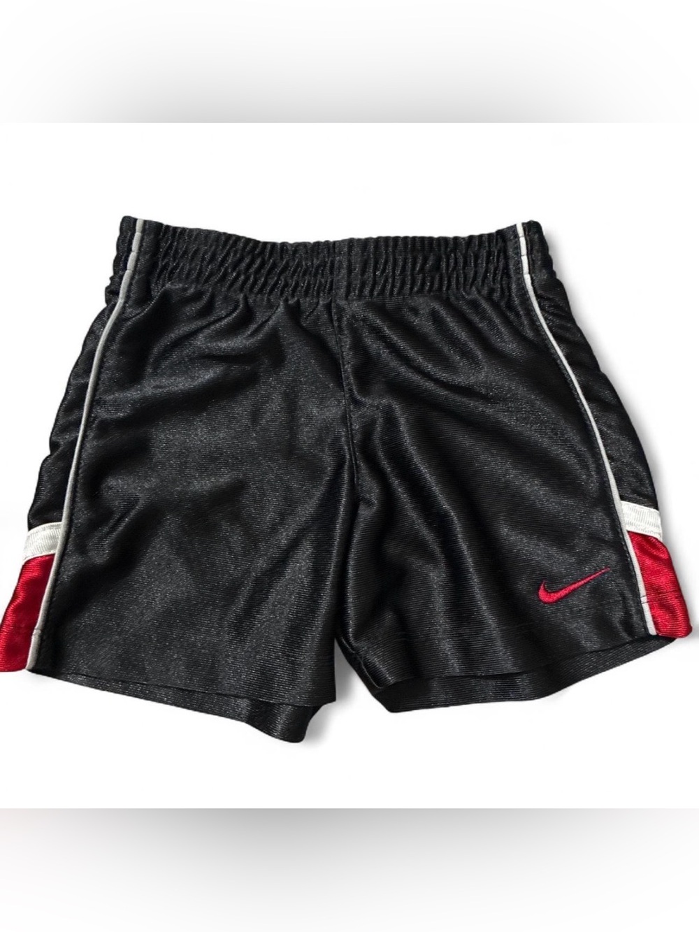 Nike Girls' Black Athletic Shorts with Pink Swoosh and White Piping